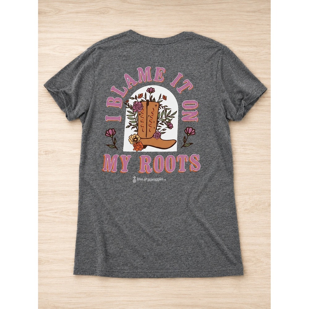 Love & Pineapples Graphic Tee Women Small Gray Blame It On My Roots Cowboy Boot